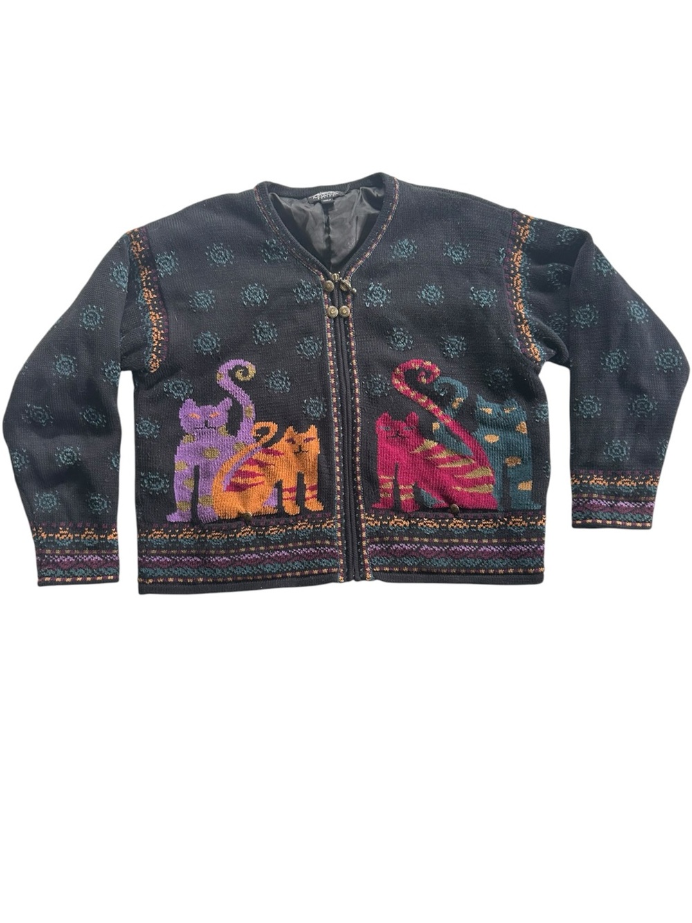 Vintage Cat Knit Sweater Jacket Sz L Novelty Folk Art Granny Cottage Whimsigoth